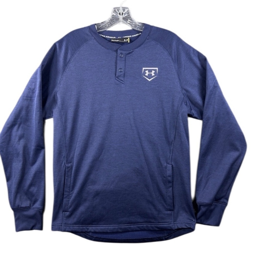UNDER ARMOUR Coldgear Henley Shirt Men's Med Navy Blue Baseball Training Pockets